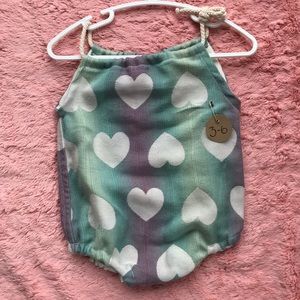 Green & Purple Heart Handmade Woven Wrap Scrap Bubble Romper - Size 3-6M *NEW*